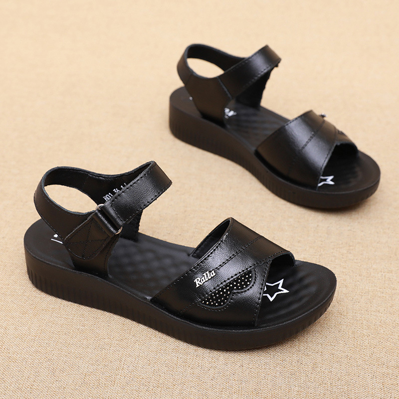 Formal Women Daily Wear Sandals - Black Leather T-Strap Peep Toe Sandals