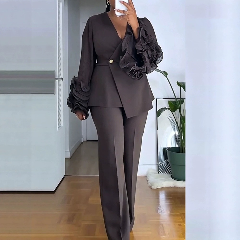 Women'S Formal Wear With Pants - Women's 2‑Piece Pant Suit Deep‑V Ruffle