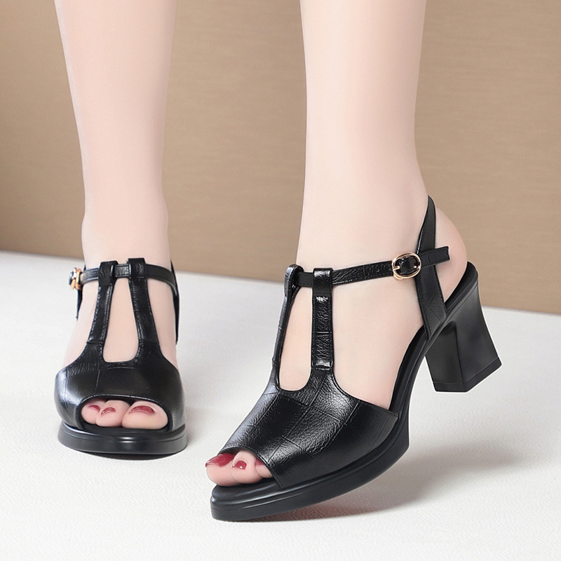 Black Leather T-Strap Peep Toe - đánh giá và giá Formal Women Daily Wear Sandals