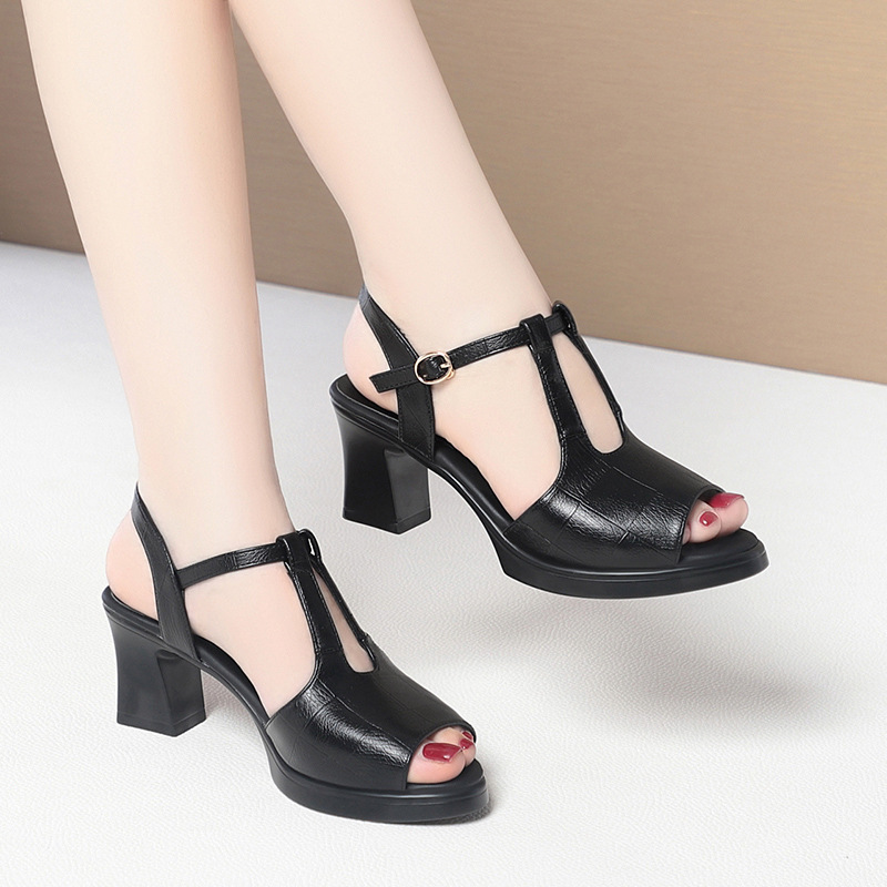 Black Leather T-Strap Peep Toe - đánh giá và giá Formal Women Daily Wear Sandals