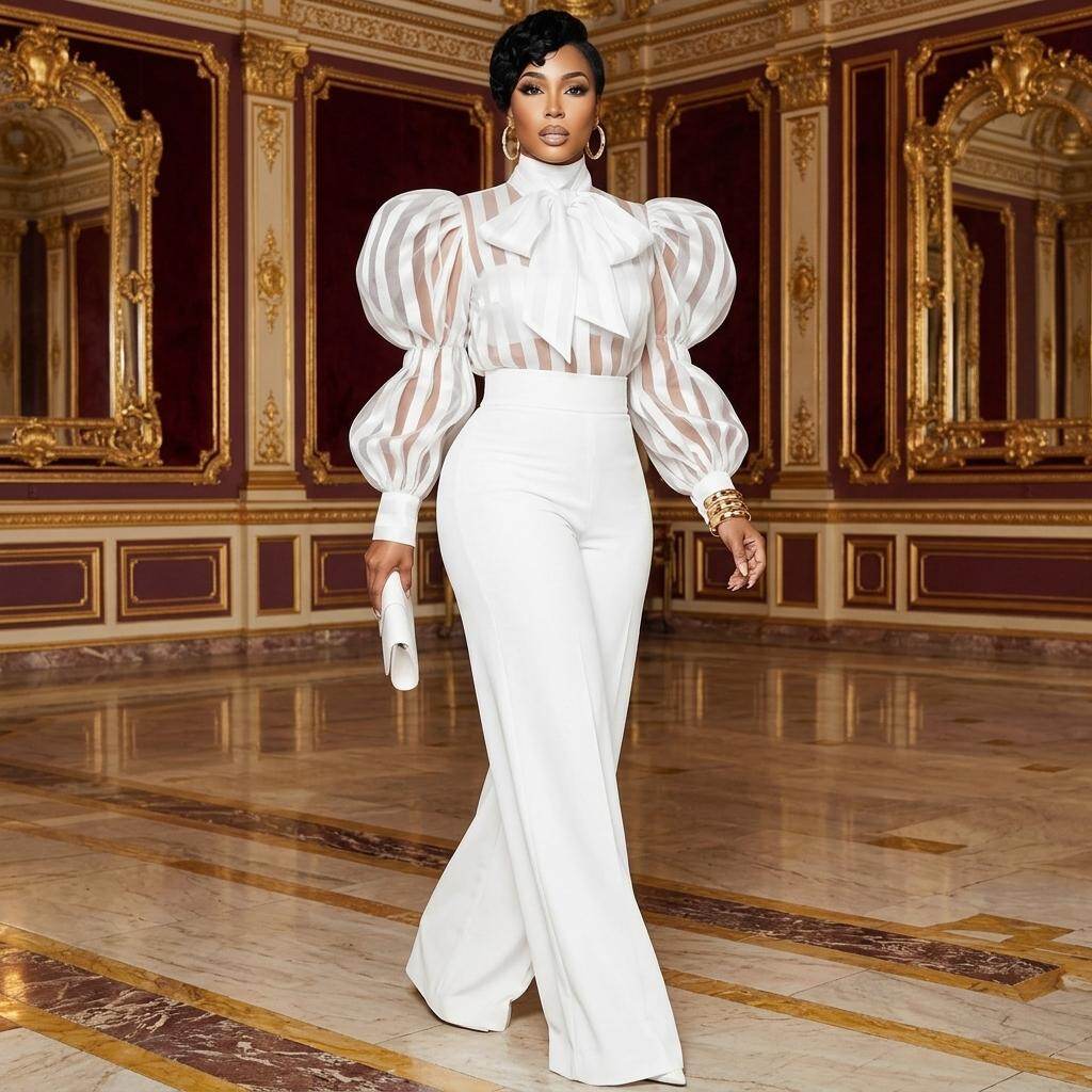 Women High Neck Bow Puff Long  - đánh giá và giá Women'S Formal Wear With Pants